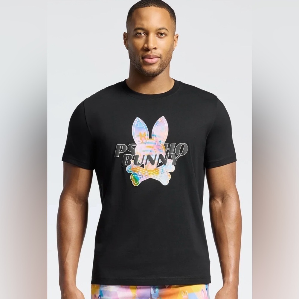 Psycho Bunny Milos black rubberized graphic short sleeve crewneck tee shirt. XS
